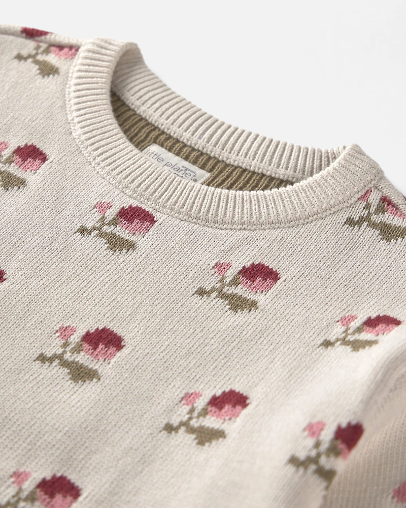 Girls Organic Cotton Sweater Knit Pullover Floral Jacquard