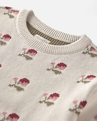Girls Organic Cotton Sweater Knit Pullover Floral Jacquard