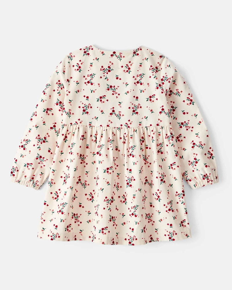 Toddler Girl Floral Print Corduroy Long-Sleeve Dress - White