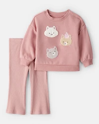 Baby Girl Cat Pullover & Pant Set - Pink