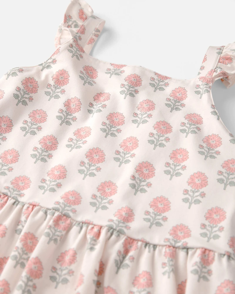 Girls Organic Cotton Tiered Dress Rosebud Petal Print