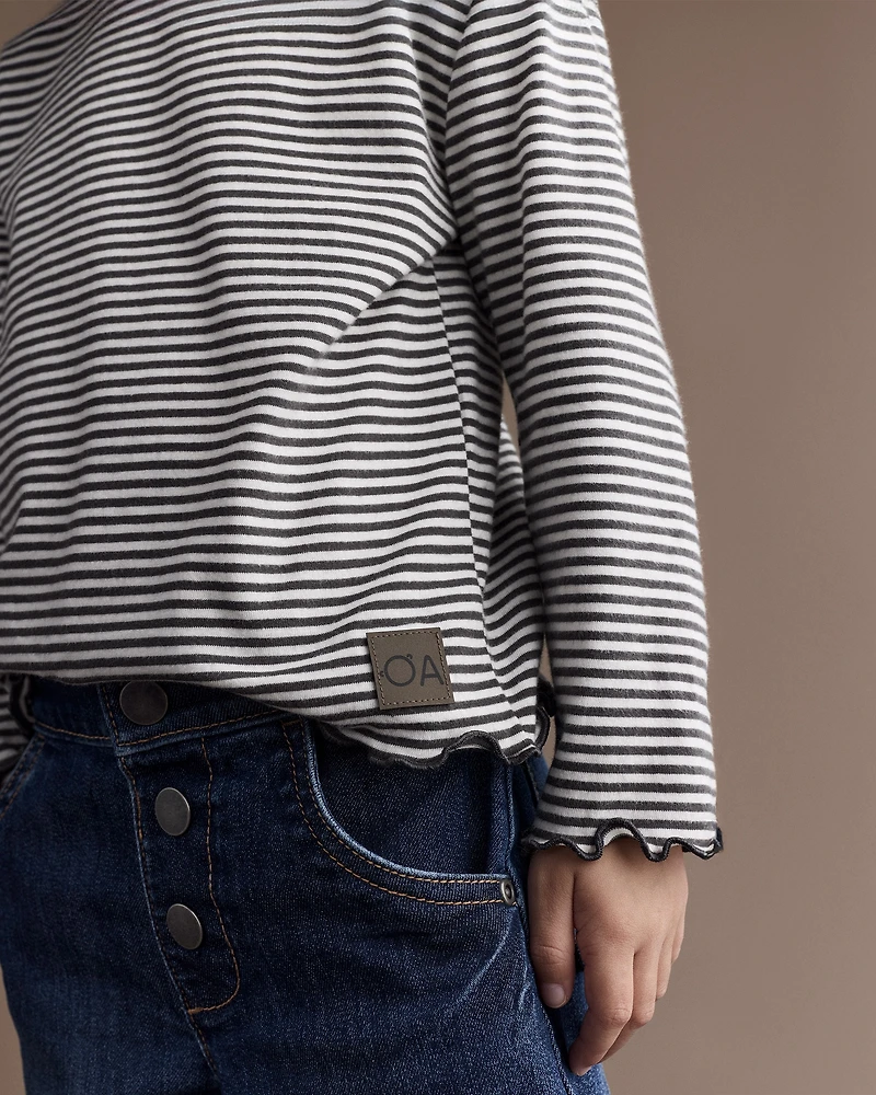 Toddler Girl Striped Ruffle Edge Long-Sleeve Top - Dark Grey/Ivory
