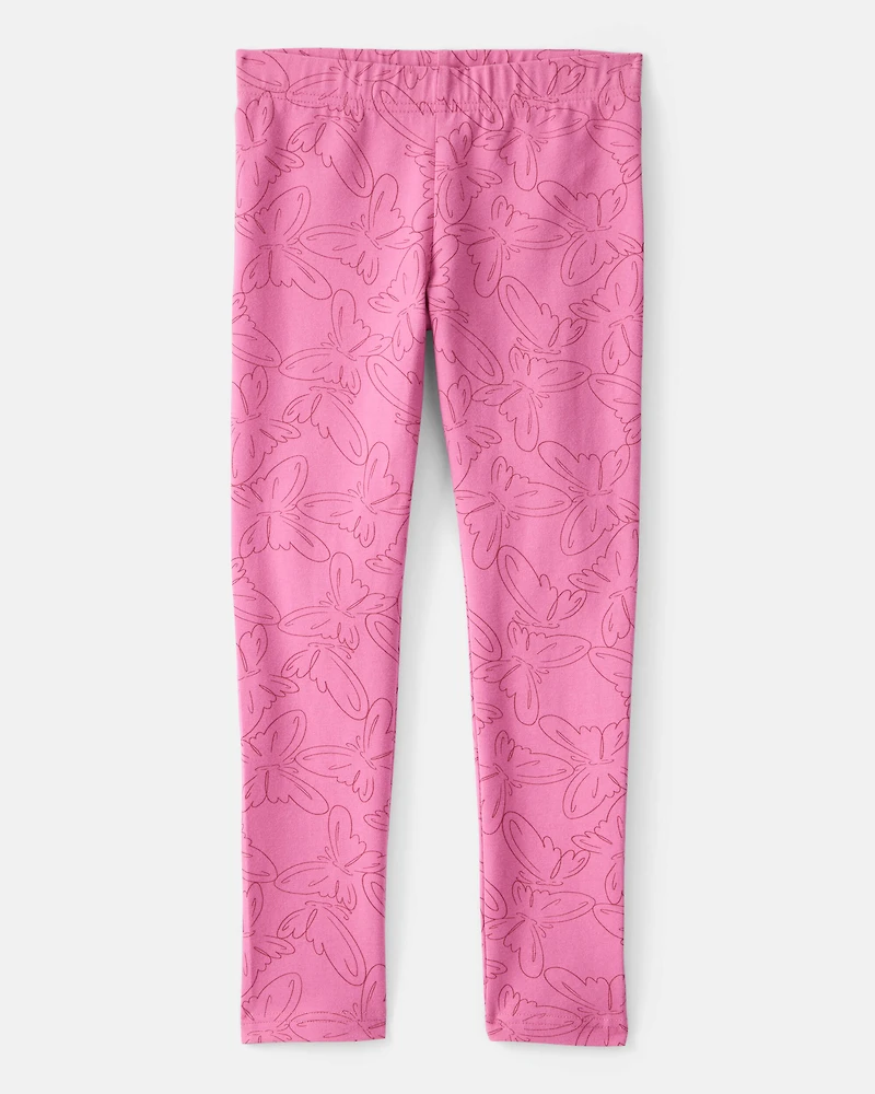Girls Butterfly Print Cotton Pull-On Stretch Leggings - Pink
