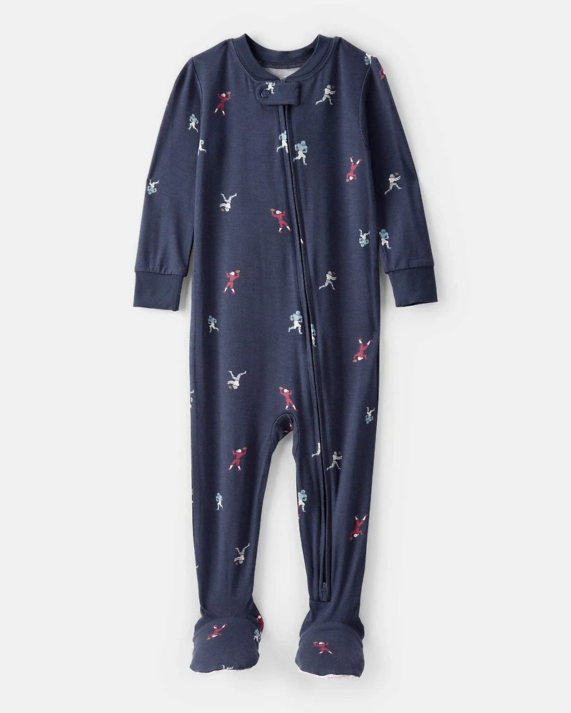 Baby Boy Football Print PurelySoft Long-Sleeve 2-Way Zip 1-Piece pyjamas - Navy Blue