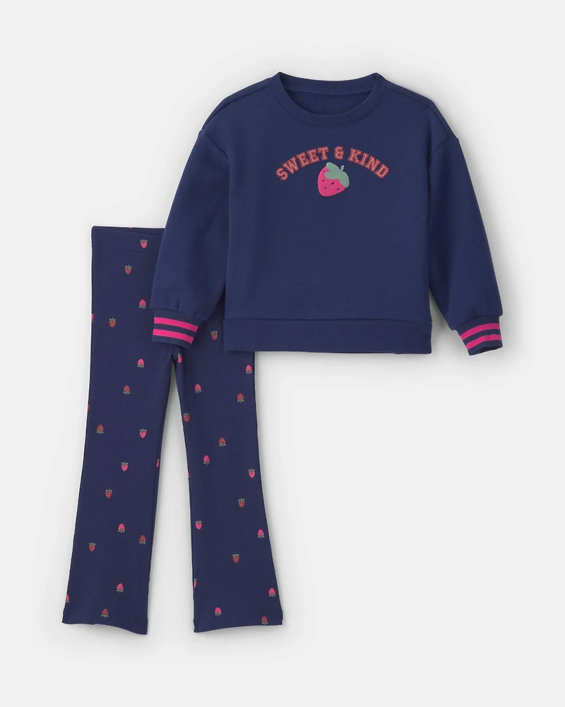 Baby Girl 2-Piece 'Sweet & Kind' Strawberry Long-Sleeve Top Pant Set - Navy Blue