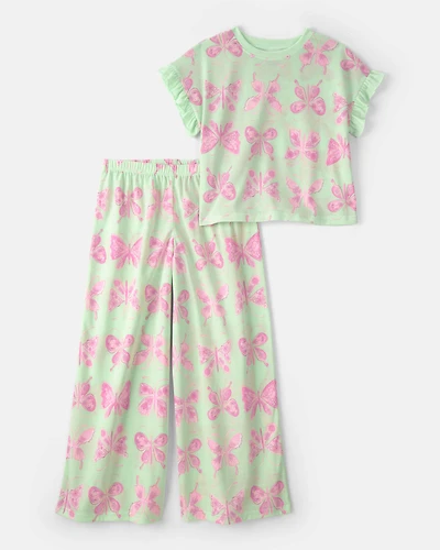 Girls Butterfly Loose Fit 2-Piece Pyjama Set - Green