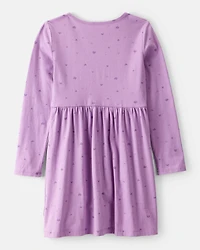Girls Heart Print Long Sleeve Cotton Dress - Purple