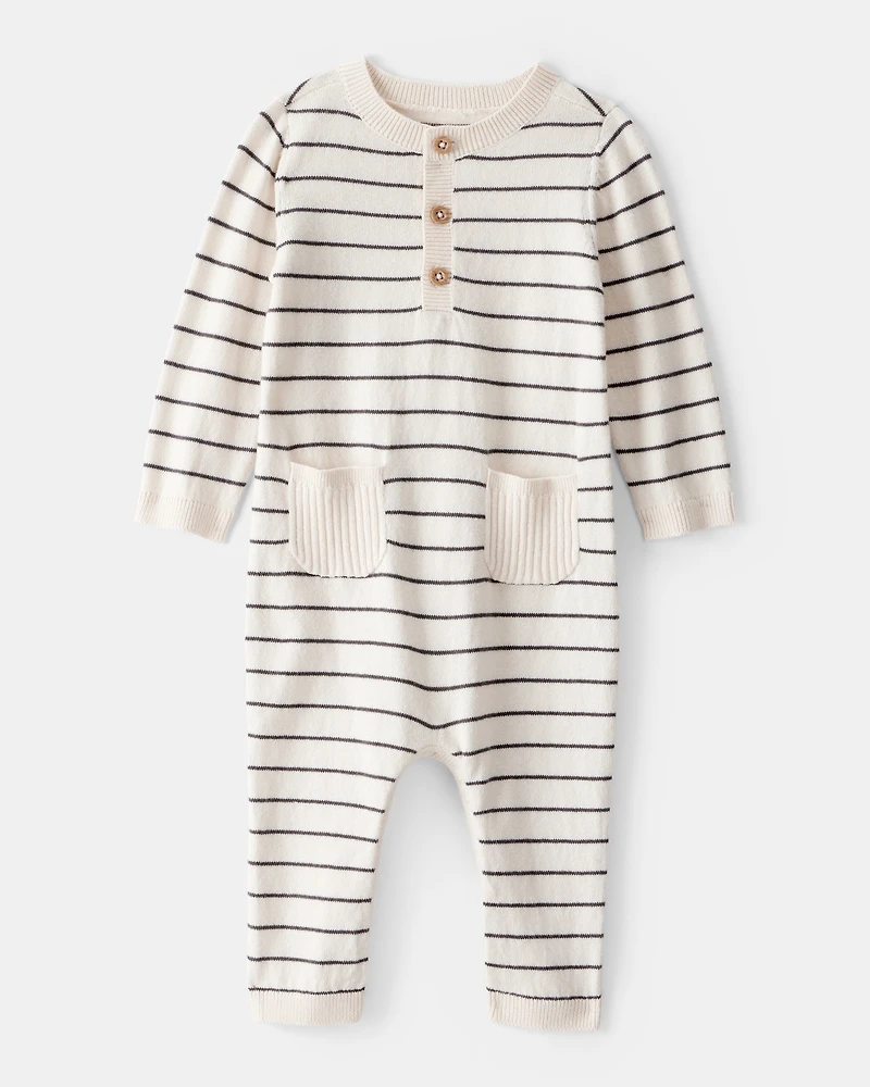Baby Boy Striped Cotton Long-Sleeve Jumpsuit - White