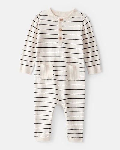 Baby Boy Striped Cotton Long-Sleeve Jumpsuit - White