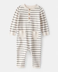 Baby Boy Striped Cotton Long-Sleeve Jumpsuit - White