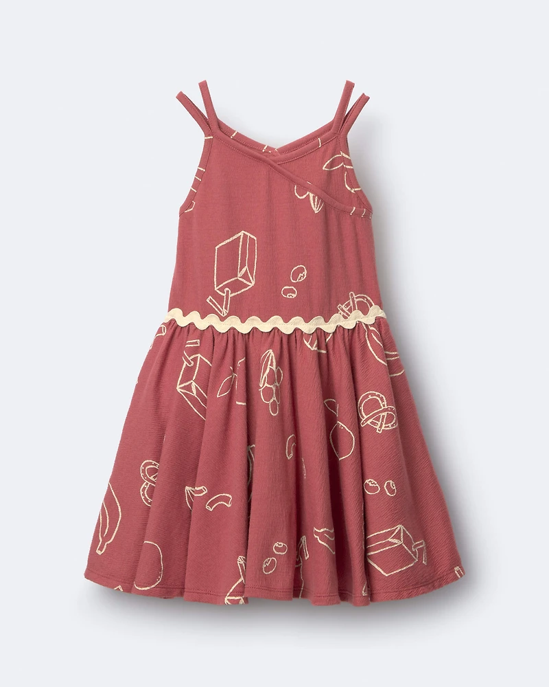 Toddler Girl Ric-Rac Crossover Dress Snack Print - Red