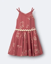 Toddler Girl Ric-Rac Crossover Dress Snack Print - Red