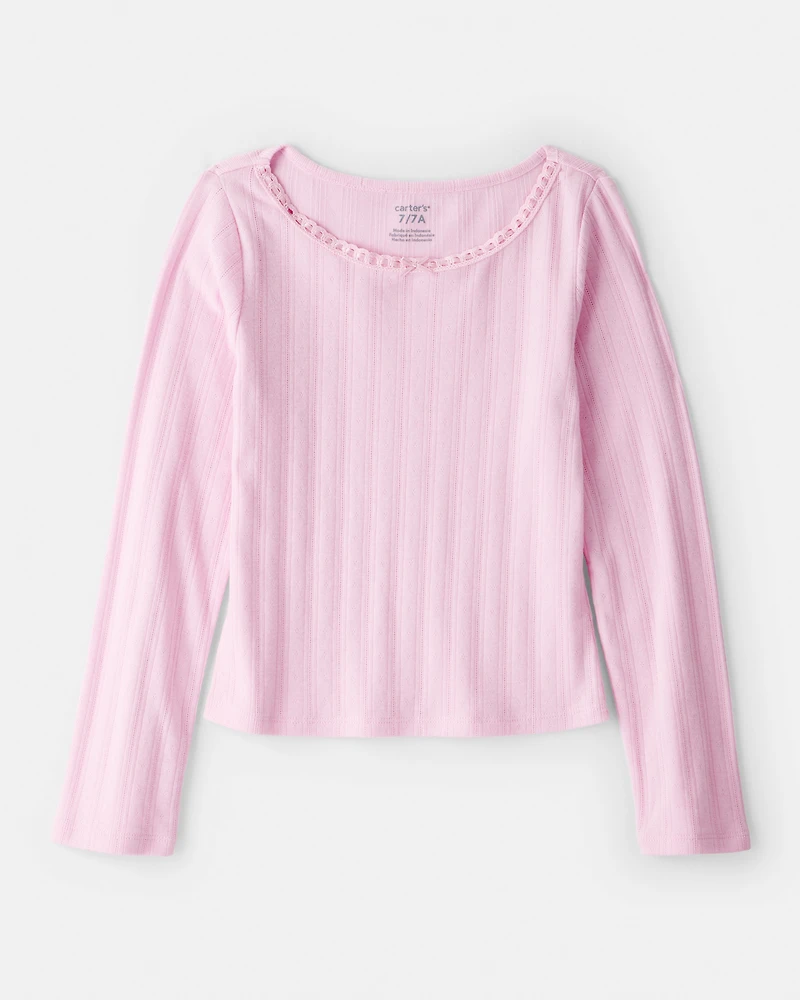 Girls Pointelle Long-Sleeve Top - Pink