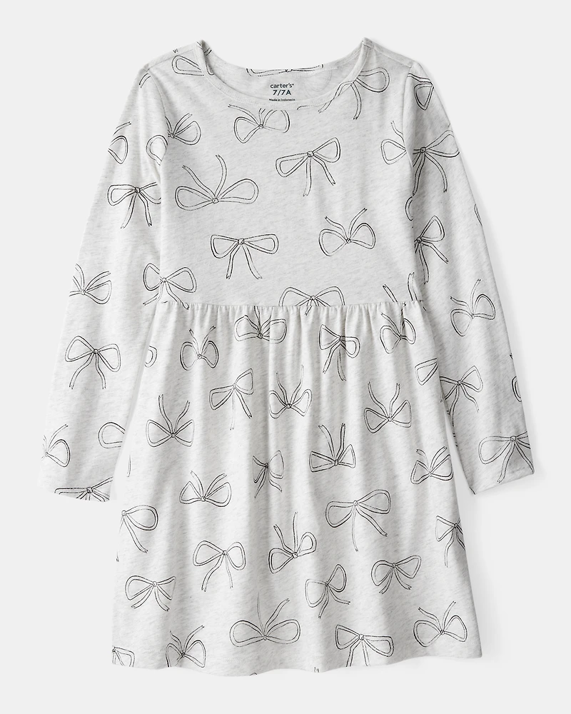 Girls Bow Print Long Sleeve Cotton Dress - Grey