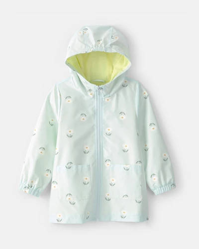 Toddler Girl Flowers Rain Jacket- Blue