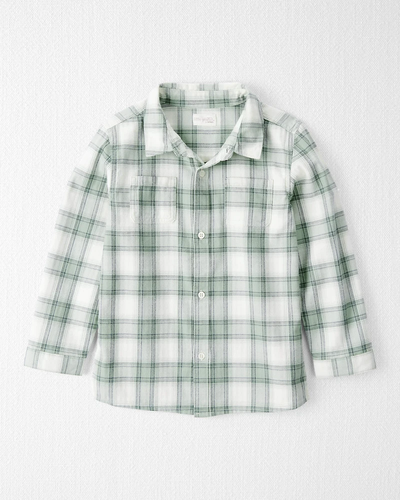 Kid Organic Cotton Herringbone Button-Front Shirt Plaid