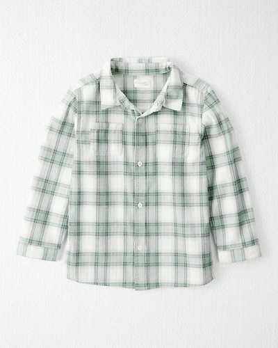 Kid Organic Cotton Herringbone Button-Front Shirt Plaid