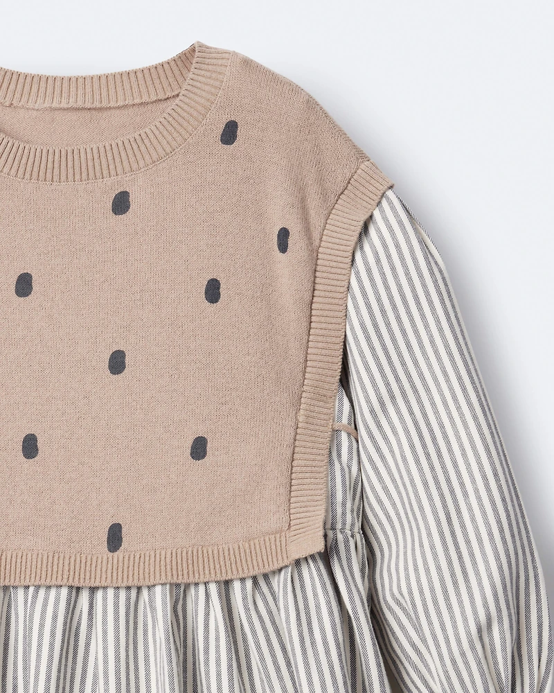 Toddler Girl Polka Dot Layered Sweater Long-Sleeve Dress - Brown/Cream