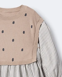 Toddler Girl Polka Dot Layered Sweater Long-Sleeve Dress - Brown/Cream