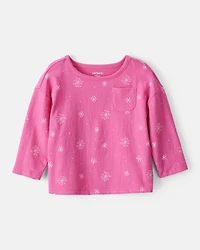 Baby Girl Snowflake Print Long-Sleeve Pocket Tee - Pink