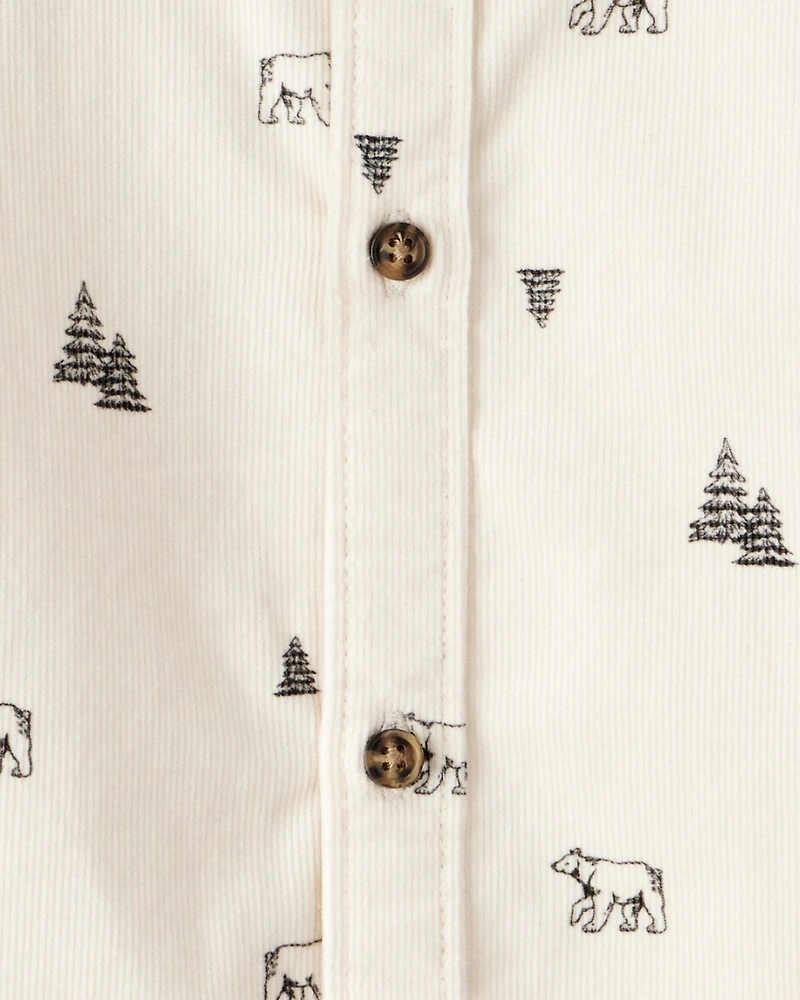 Toddler Boy Winter Print Corduroy Long-Sleeve Button-Down Shirt - Ivory