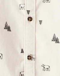 Toddler Boy Winter Print Corduroy Long-Sleeve Button-Down Shirt - Ivory