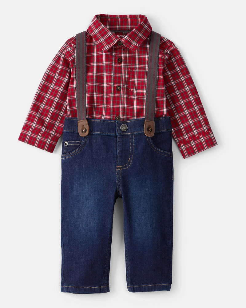 Baby Boy 3-Piece Plaid Print Long-Sleeve Shirt & Suspender Pant Set - Red/Denim