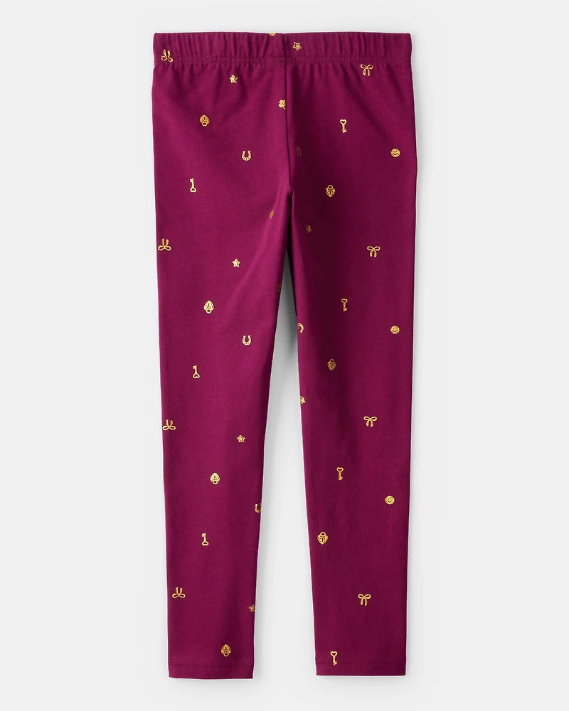 Girls Bow Print Pull-On Stretch Leggings - Purple