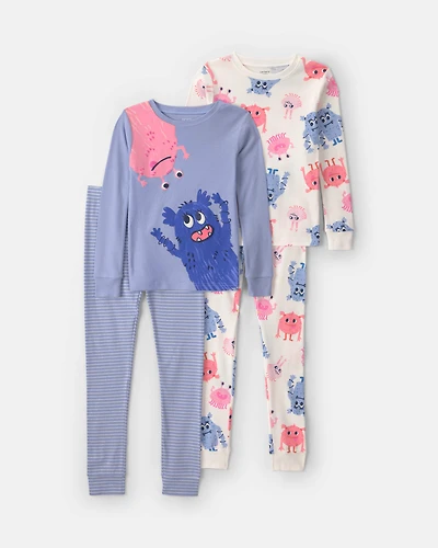 Girls 4-Piece Monster 100% Cotton Snug Fit Pyjama Set - Blue/Cream