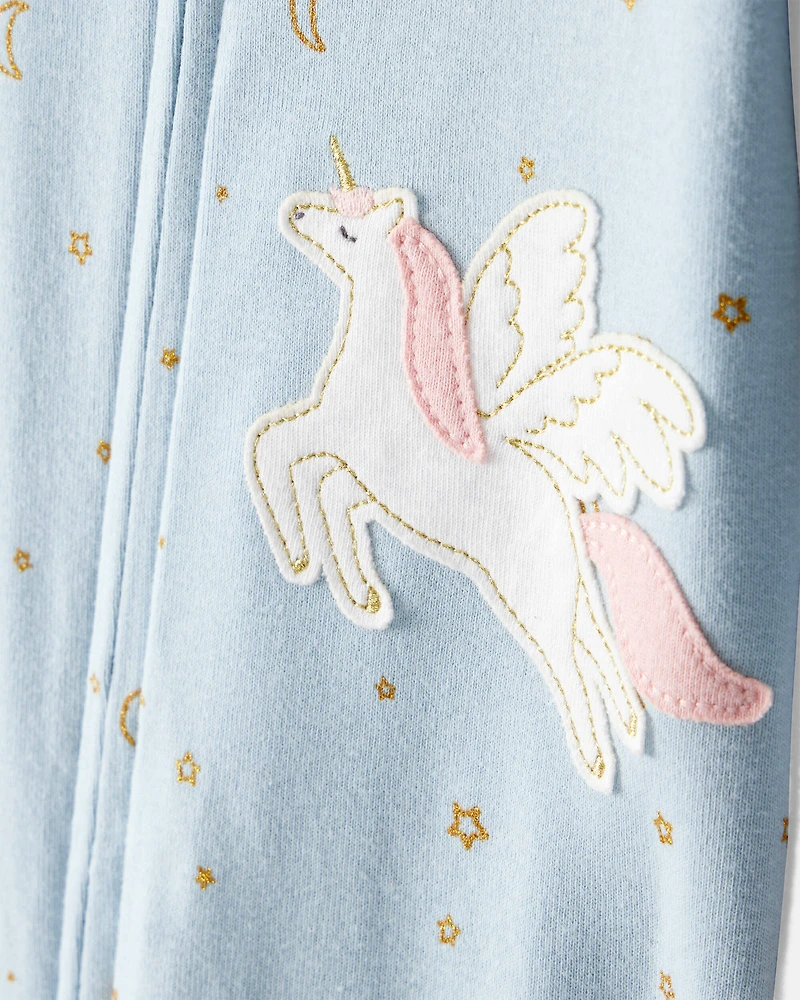 Baby Girl Unicorn Star Print 100% Cotton Long-Sleeve 2-Way Zip 1-Piece Pyjamas - Blue