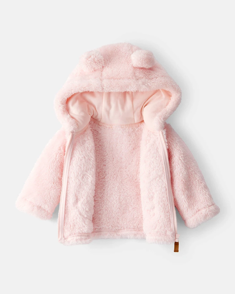 Baby Girl Sherpa Long-Sleeve Hooded Zip-Up Jacket - Pink