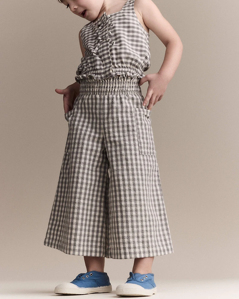 Toddler Girl Gingham Smocked Wide Leg Pant - Cream/Grey