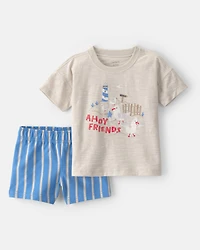 Toddler Boy 2-Piece Seagull Top & Short Set - Brown/Blue