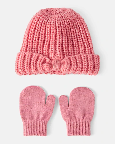 Toddler Girl Winter Hat & Mittens Set - Pink