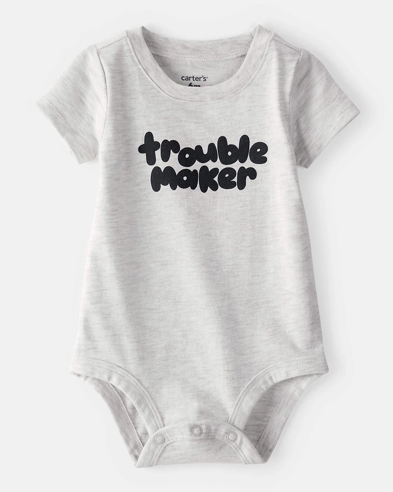 Baby Boy 'Trouble Maker' Short-Sleeve Graphic Bodysuit - Grey
