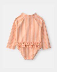 Baby Girl Striped Long-Sleeve 1-Piece Swimsuit - Orange