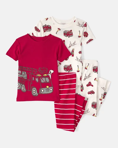 Baby Boy Firetruck Striped 100% Cotton Snug Fit 4-Piece Pyjama Set - Red/White