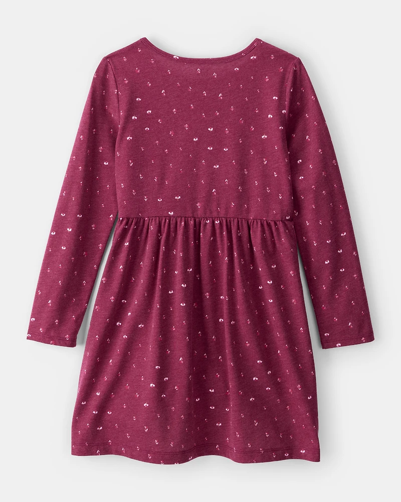 Girls Floral Long-Sleeve Dress - Maroon