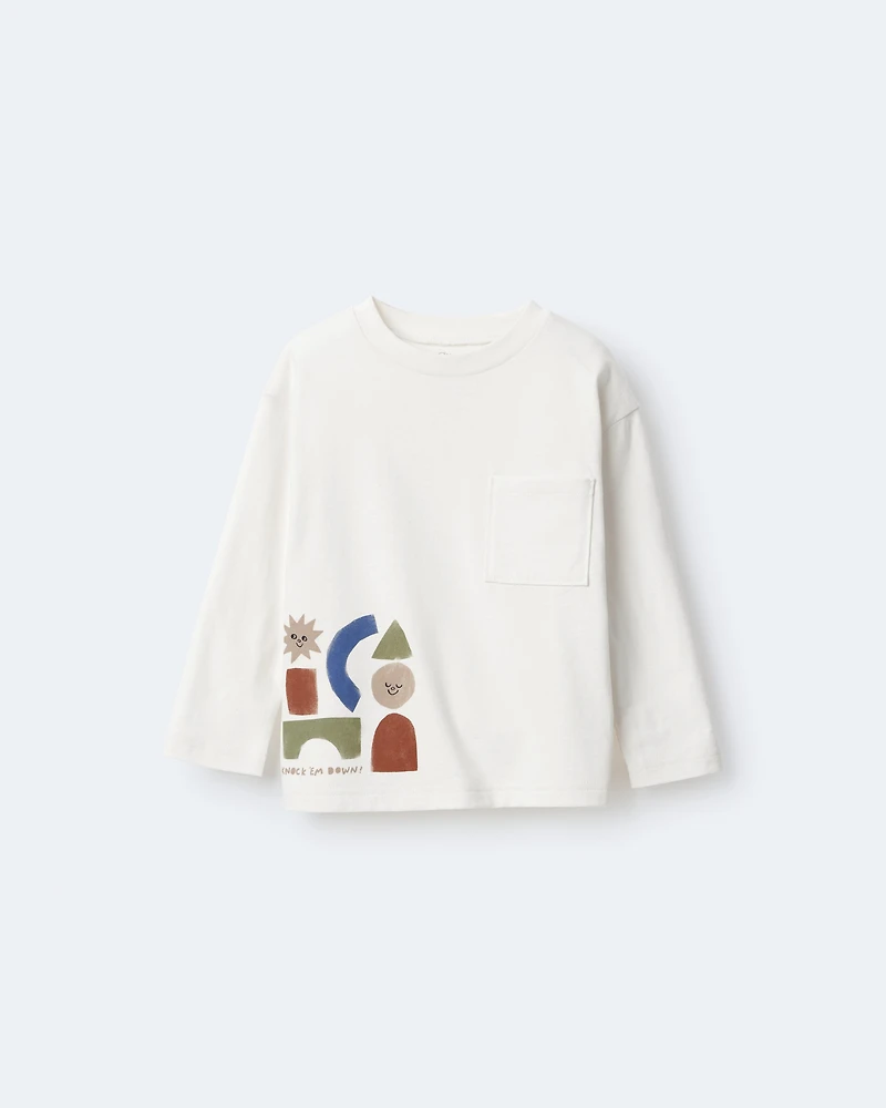 Toddler Long-Sleeve Pocket Relaxed Graphic Tee with Shapes - Cream