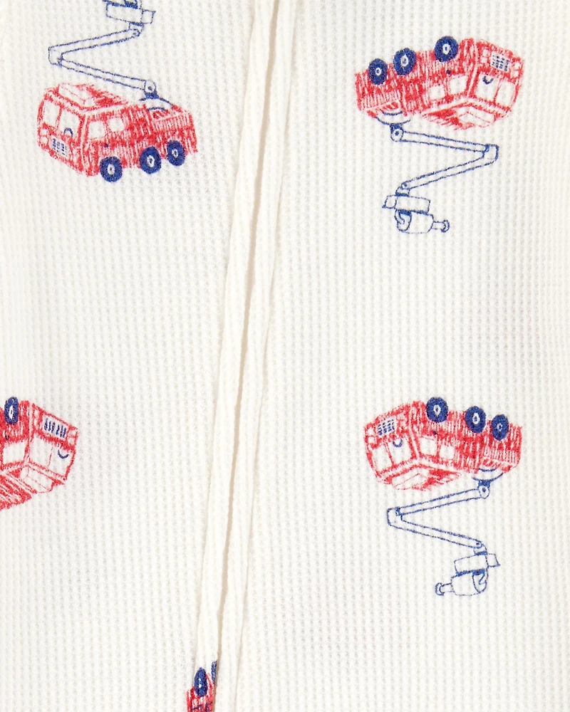Toddler Boy Fire Truck Print Waffle Knit Footie 1-Piece Pyjamas