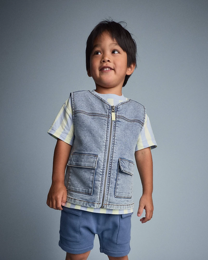 Toddler Boy Zip-Up Denim Vest with Pockets Avenue Wash - Blue