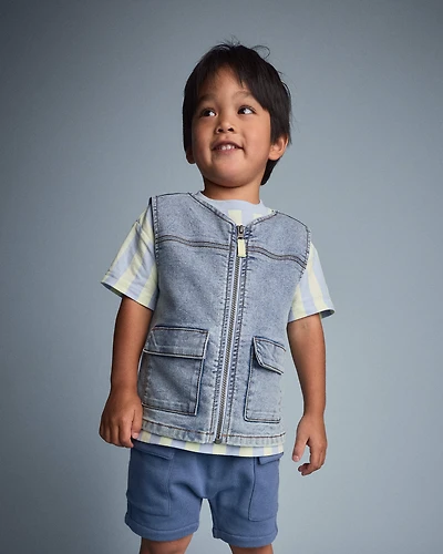 Toddler Boy Zip-Up Denim Vest with Pockets Avenue Wash - Blue