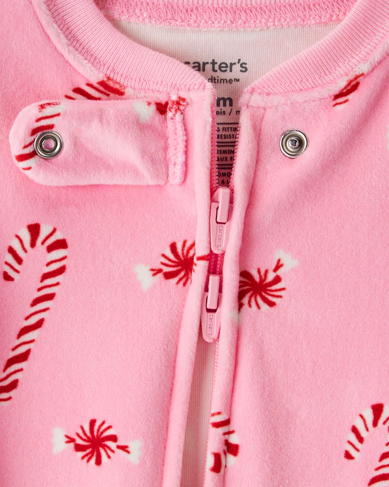 Toddler Peppermint Print Velour Long-Sleeve Loose Fit 1-Piece pyjamas - Pink