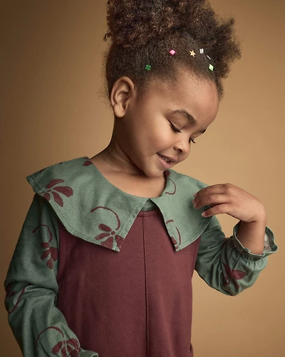 Toddler Girl Peter Pan Collar Top Floral Print - Sage