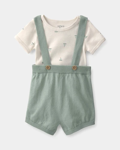 Baby 2-Piece Sailboat Overall Set - Green/Ivory