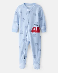 Toddler Boy Firetruck Print Loose Fit Long-Sleeve 2-Way Zip 1-Piece Pyjamas - Blue
