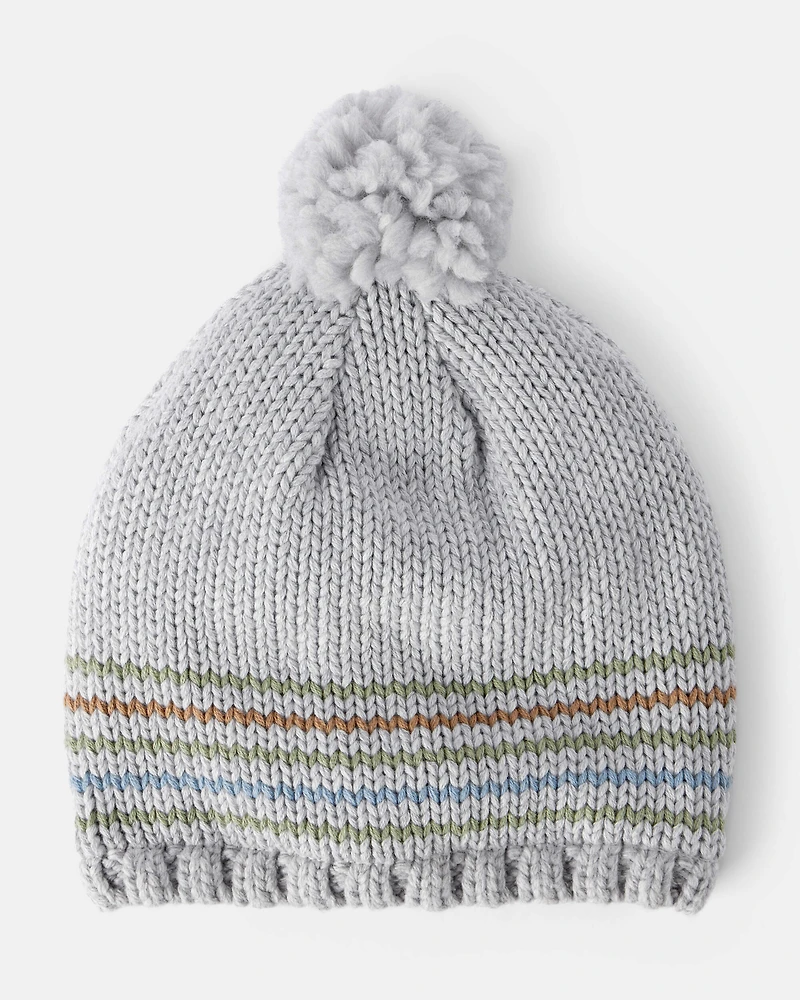 Boys Striped Pom Winter Hat - Grey