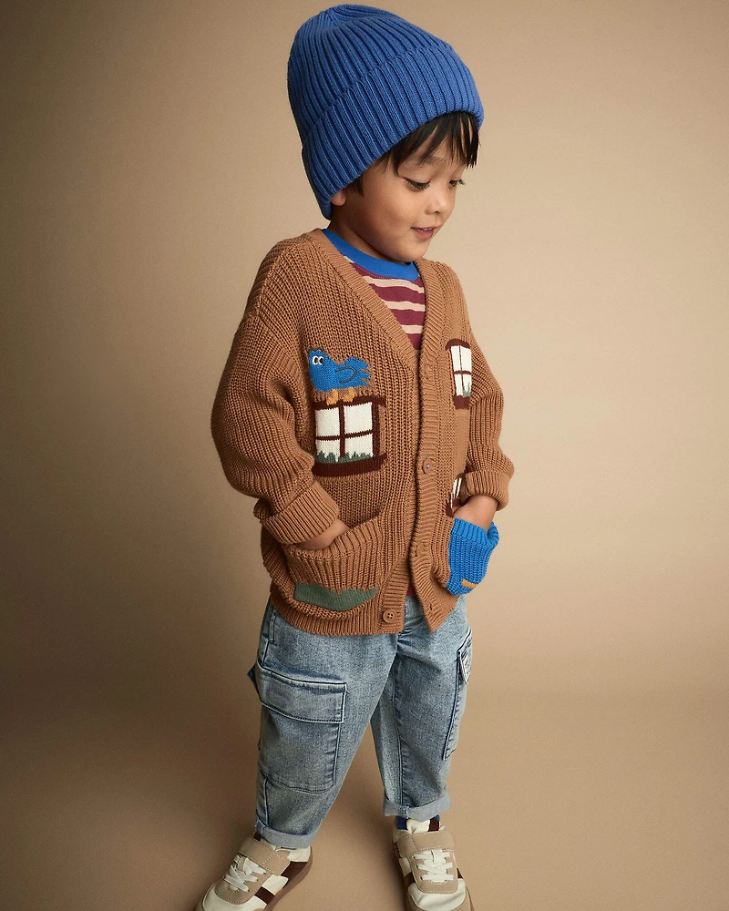 Toddler Cardigan with Avenue Pockets House Print - Brown