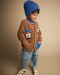Toddler Cardigan with Avenue Pockets House Print - Brown