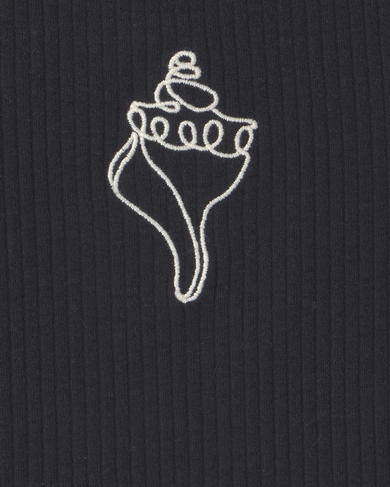 Girls Shell Embroidered Rib Tank Top - Black
